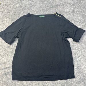 Ralph Lauren LRL Top Womens 2X Black Cuffed Short Sleeve Boat Neck Zip Cotton